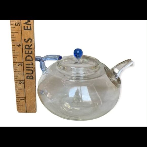 Teavana Hand Made Clear & Blue Glass TEAPOT - Picture 4 of 6